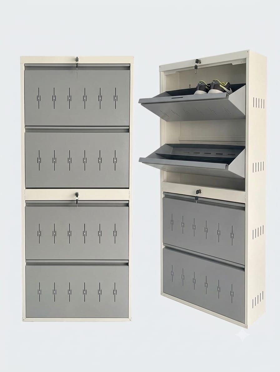 Modern 4-tier metal shoe rack with locking flap doors