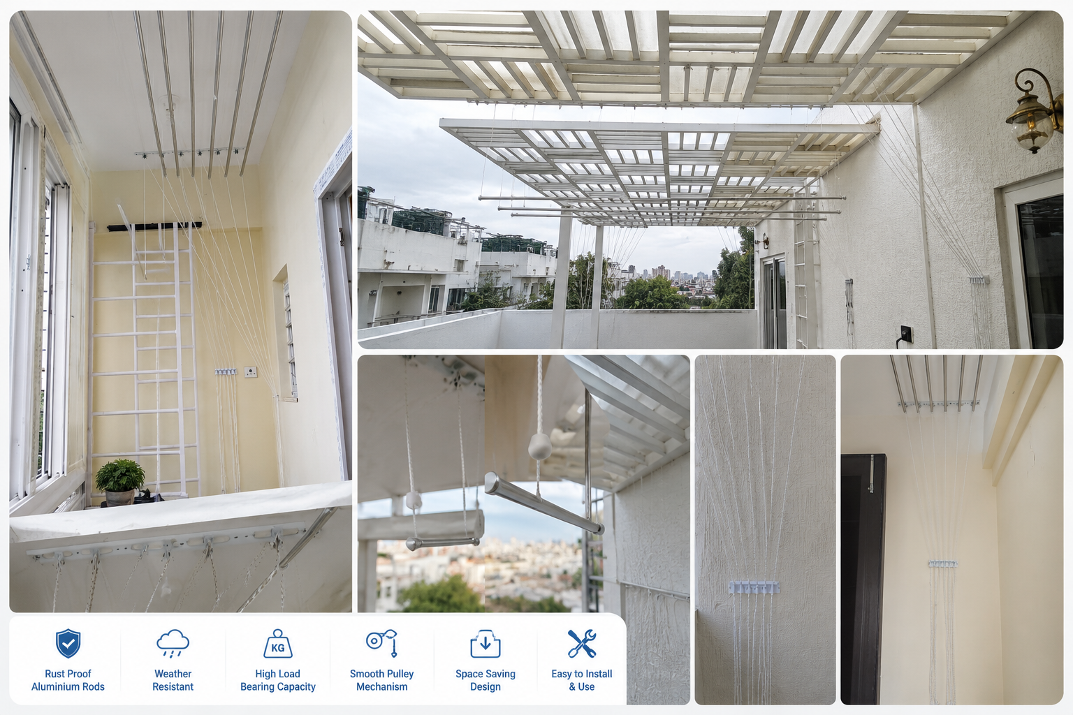Ceiling cloth hanger installed in Bangalore balcony with rust-proof aluminium rods